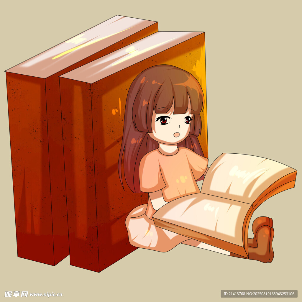 女孩倚书堆专注阅读
