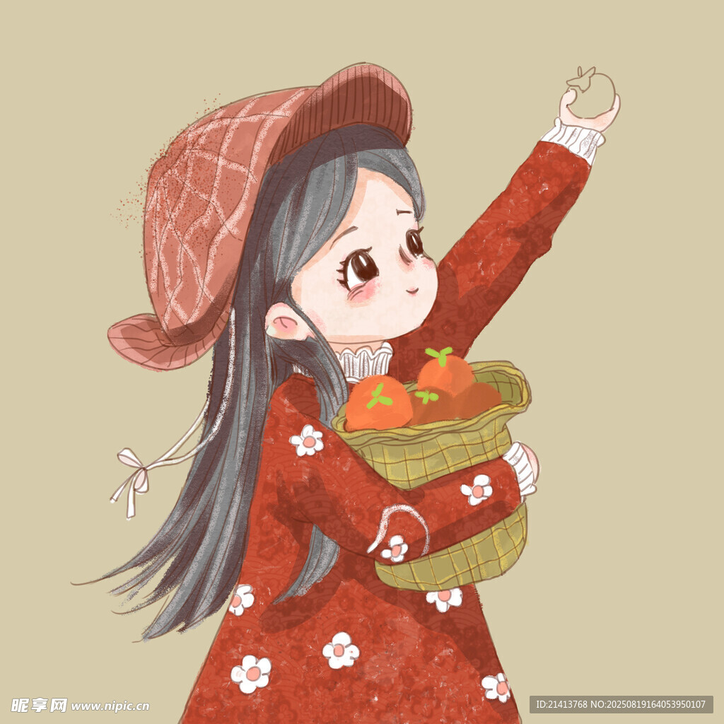 红衣女孩提篮欢快招手