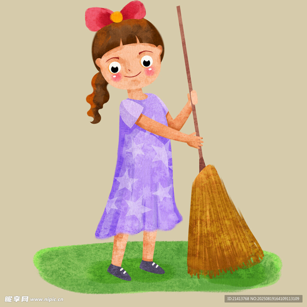 小女孩手持扫帚准备打扫