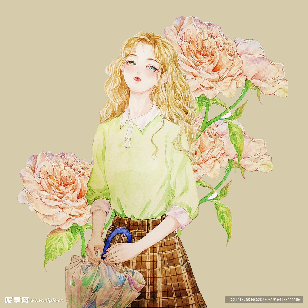 持花少女插画