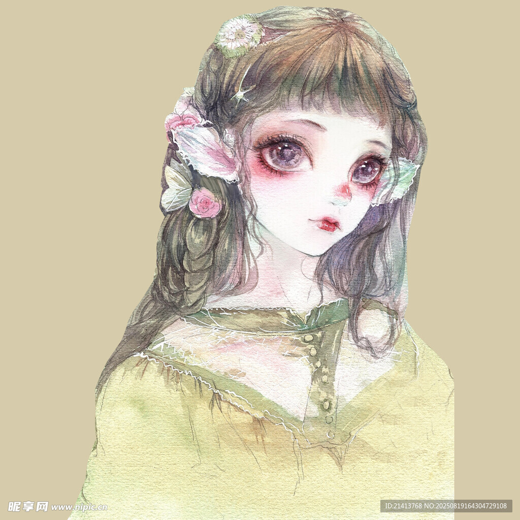 梦幻花饰少女插画
