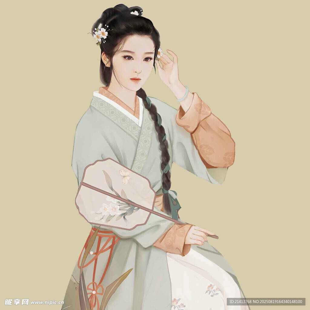 古风女子持扇优雅姿态