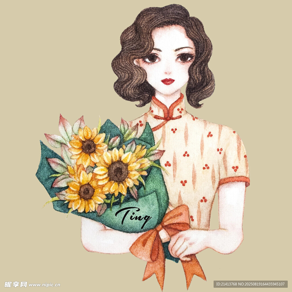 旗袍女子手捧向日葵花束