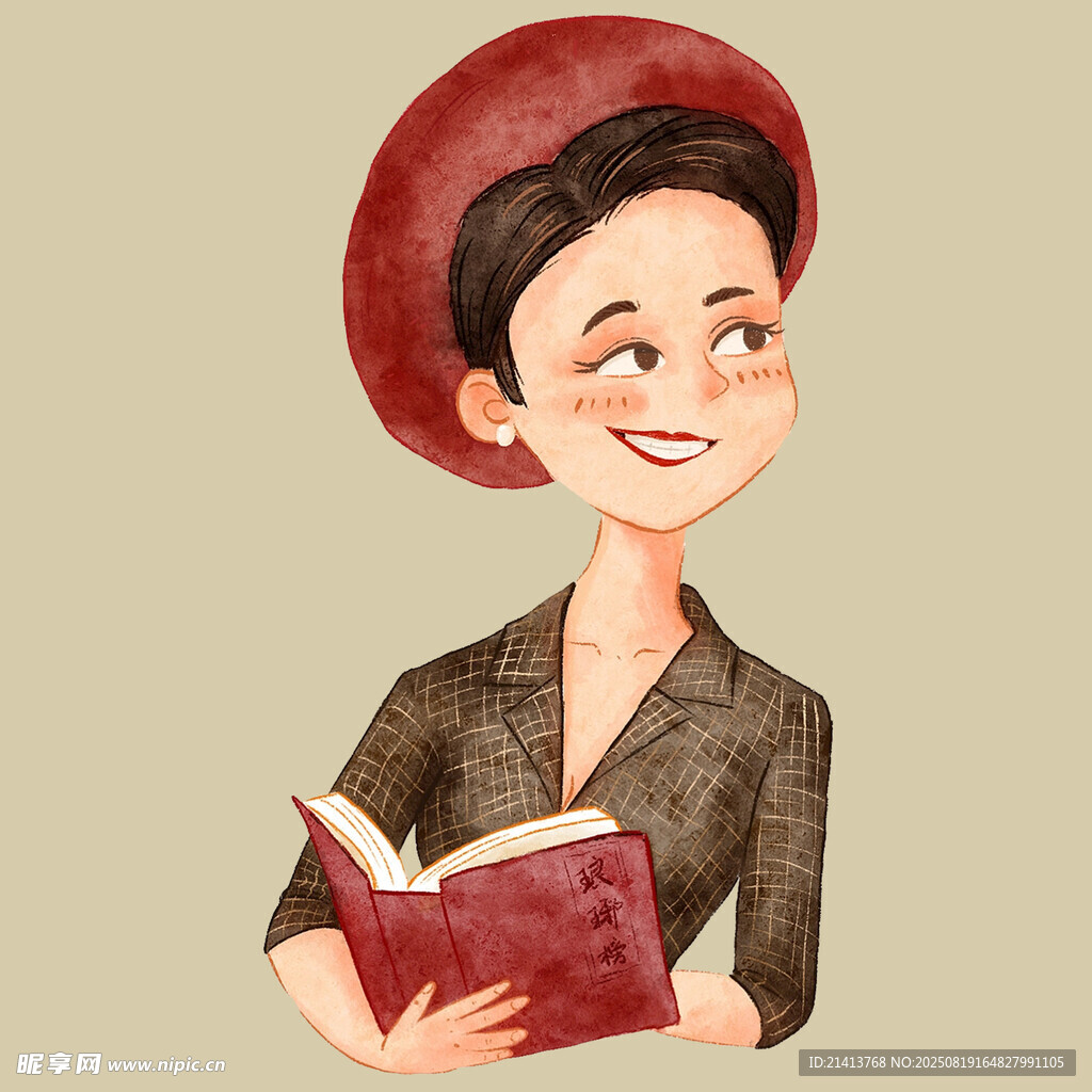 戴红帽读书的优雅女士