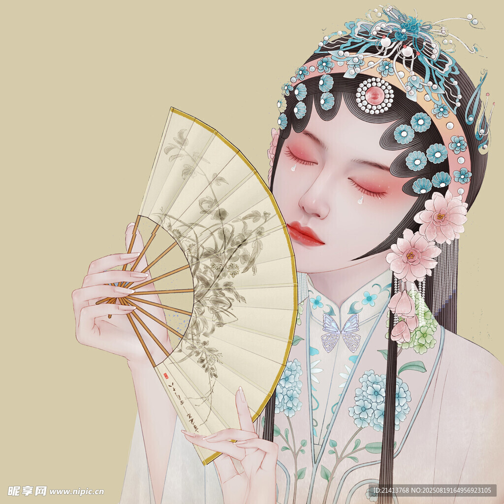 古典戏曲佳人持扇优雅图