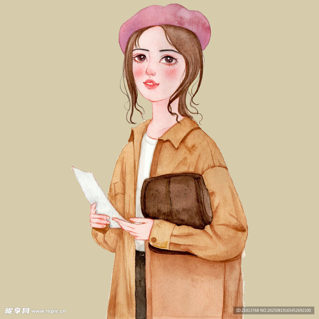 时尚女孩手持纸张与挎包