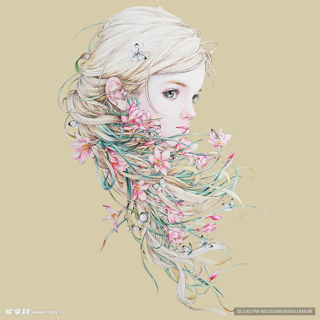 梦幻花卉缠绕的优雅女子