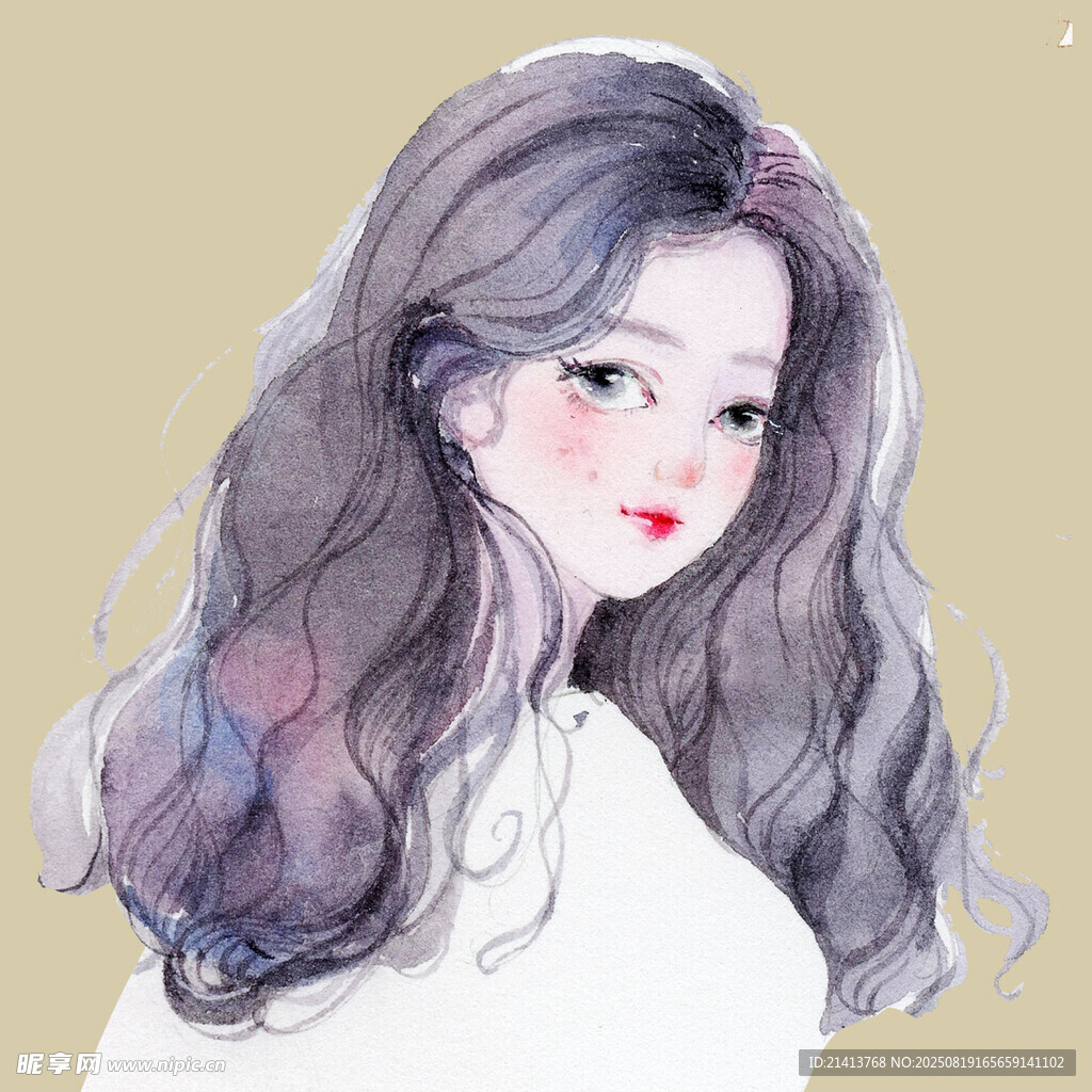 长发女孩水彩风插画