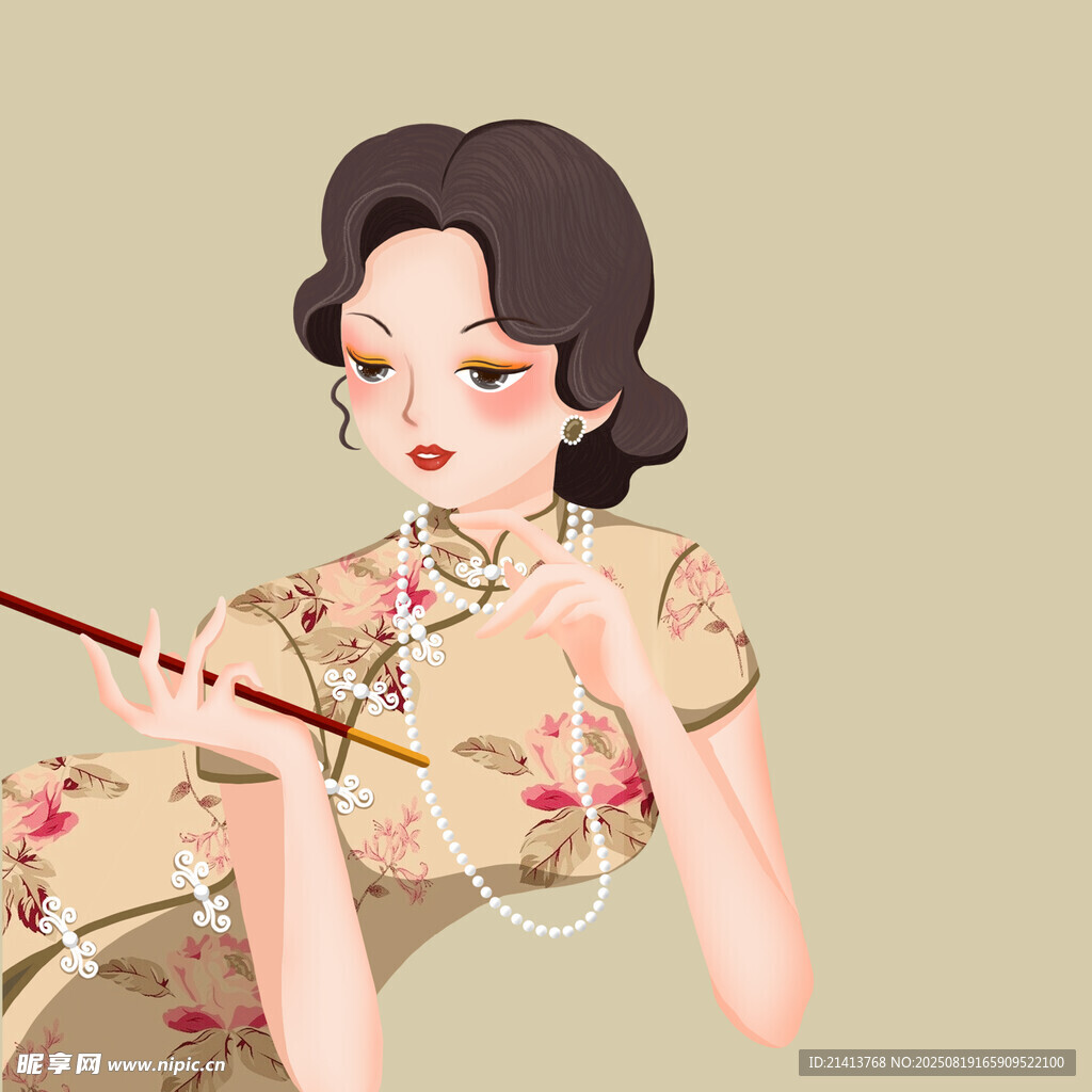 复古旗袍女子优雅持筷