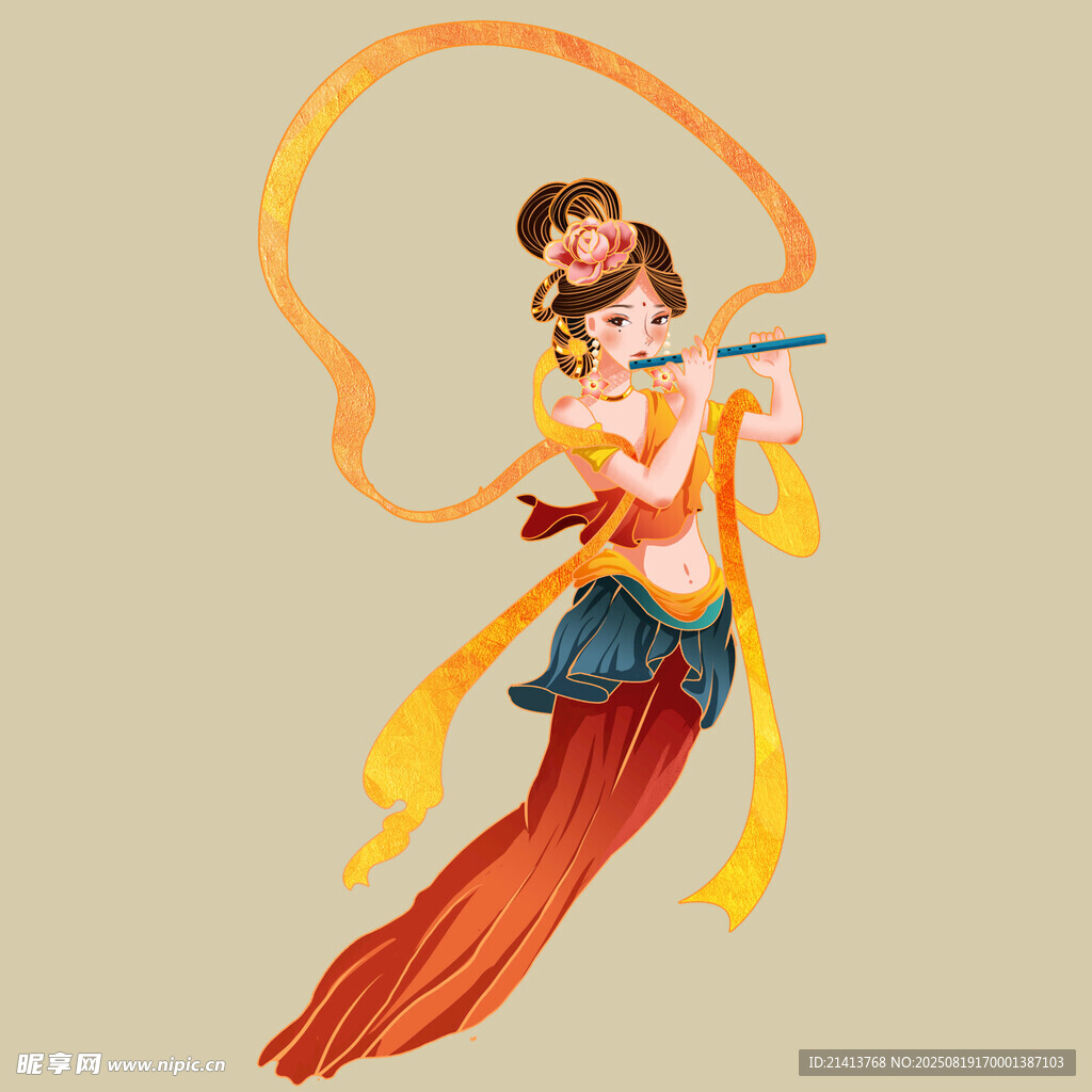 敦煌飞天神女吹笛图