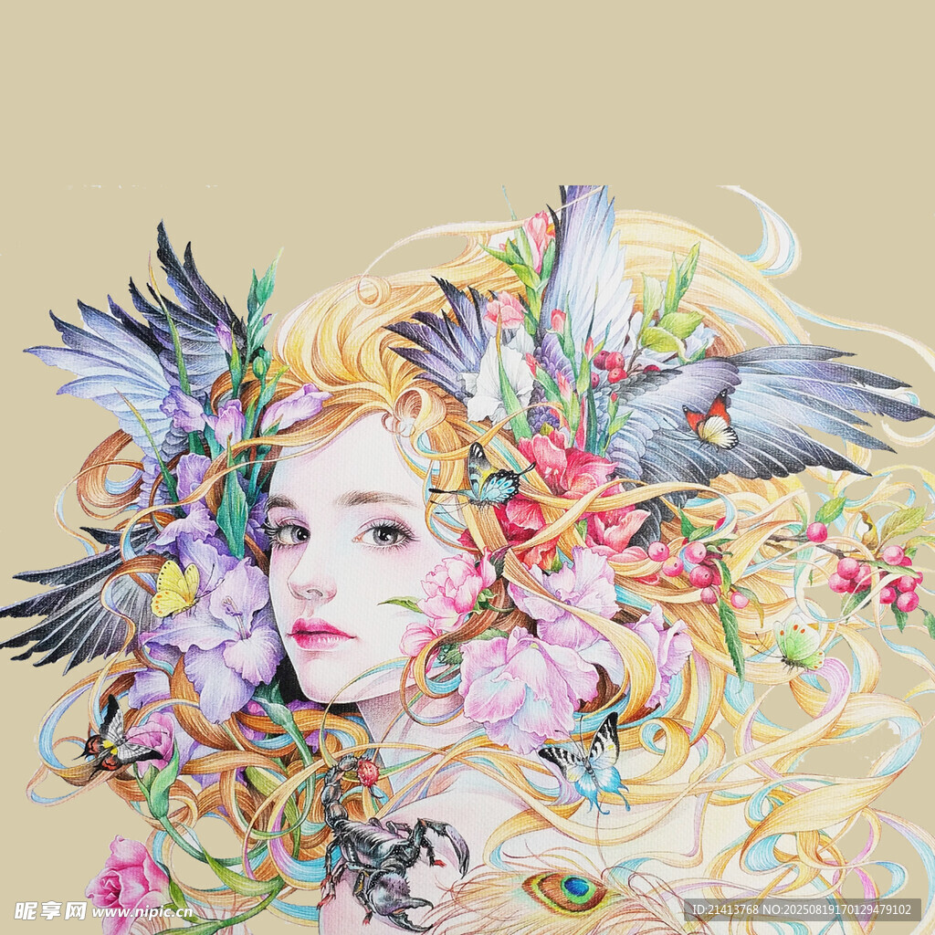 梦幻花卉飞鸟环绕的女性形象