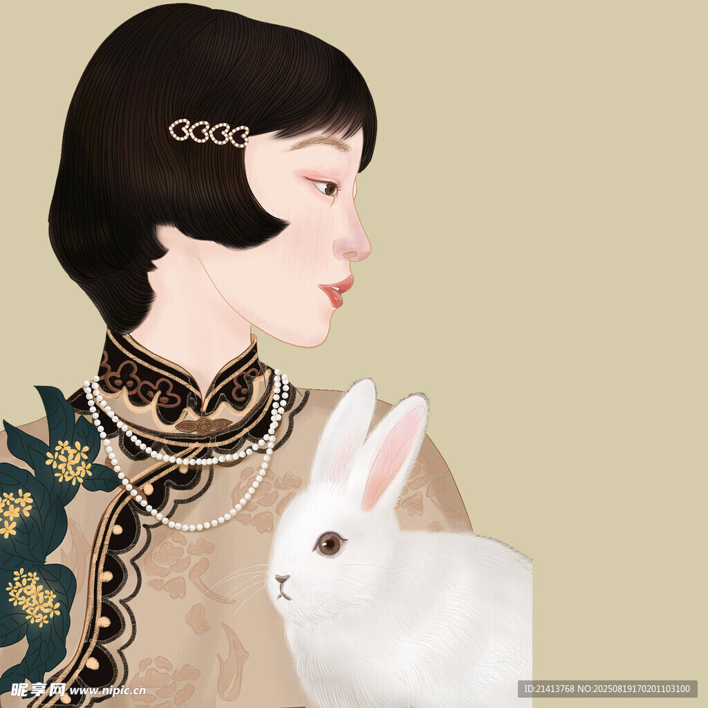 复古女子与白兔的优雅画面