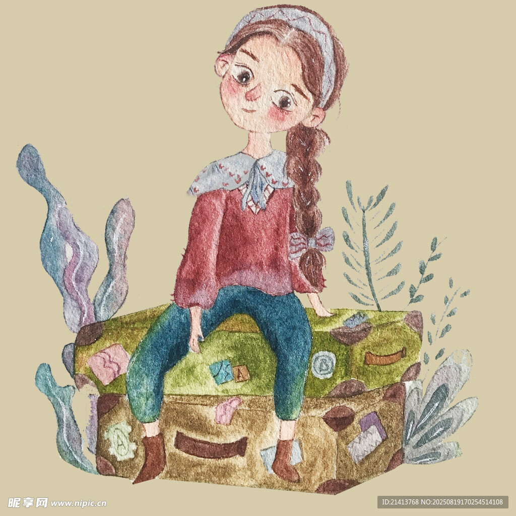 坐在行李箱上的可爱女孩
