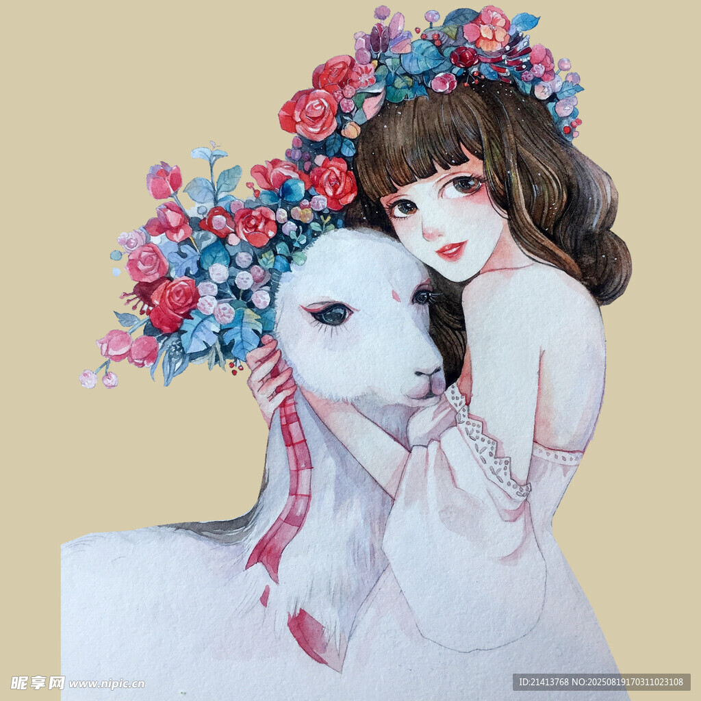 花饰少女与白鹿梦幻画面