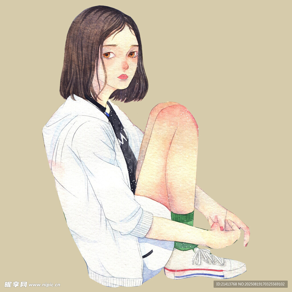 白衣少女抱膝静坐