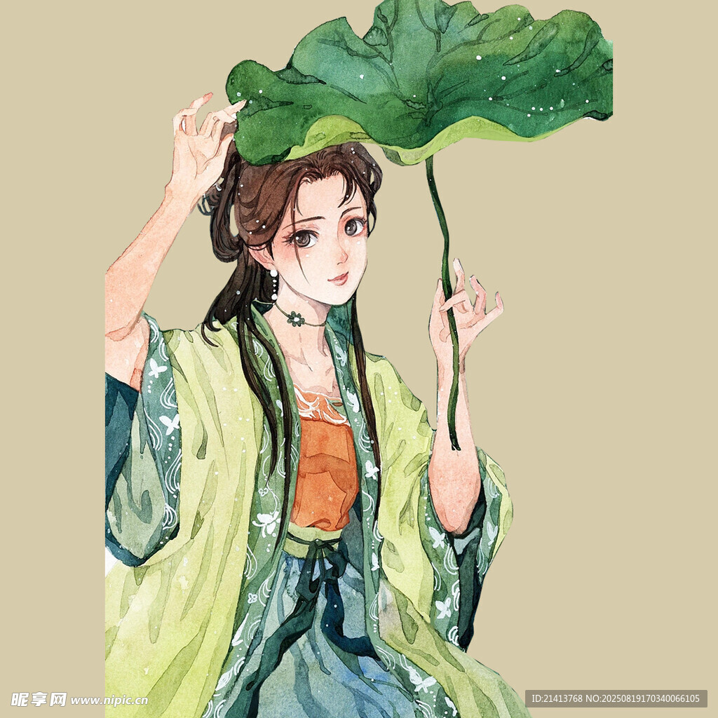 古风女子持荷叶悠然而立