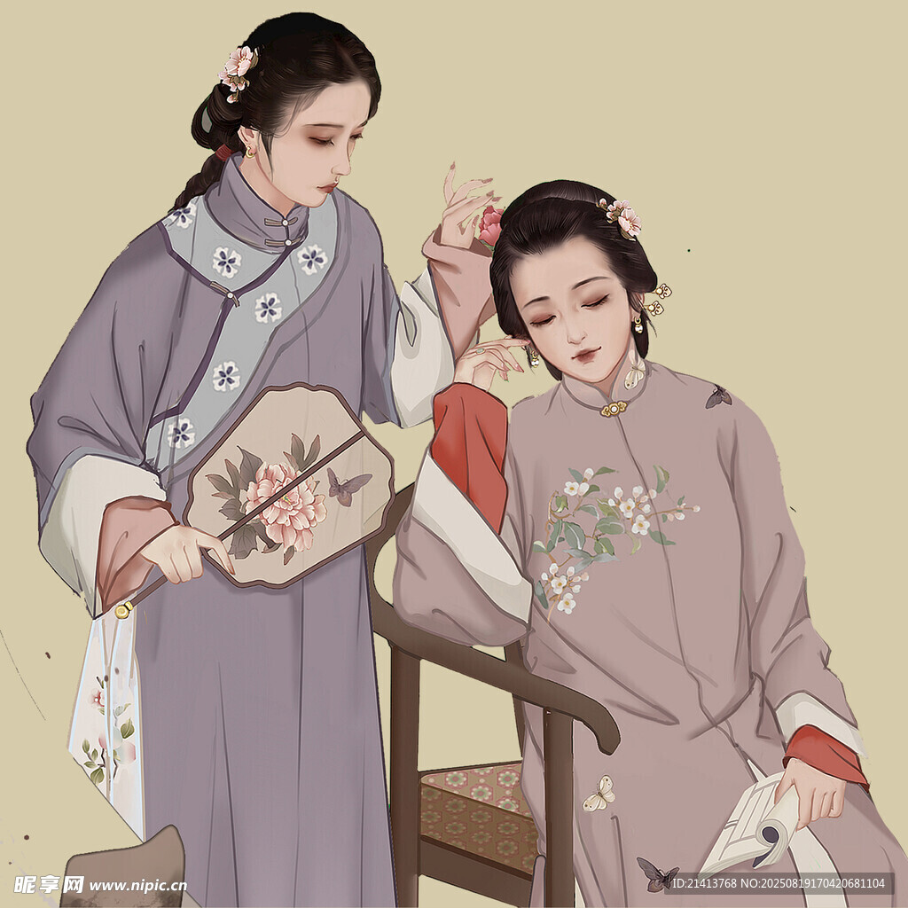 古典女子相依赏扇画面