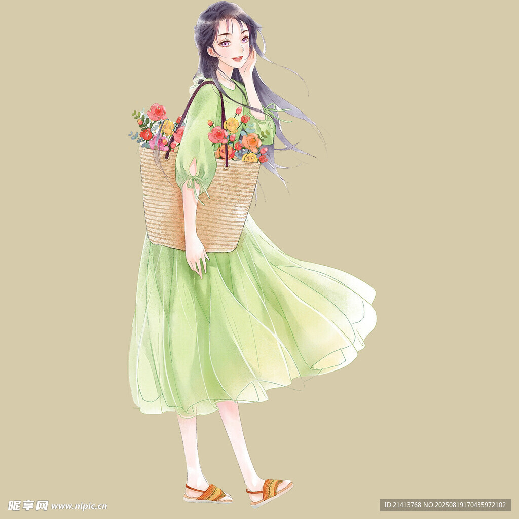 提花篮的清新绿裙少女