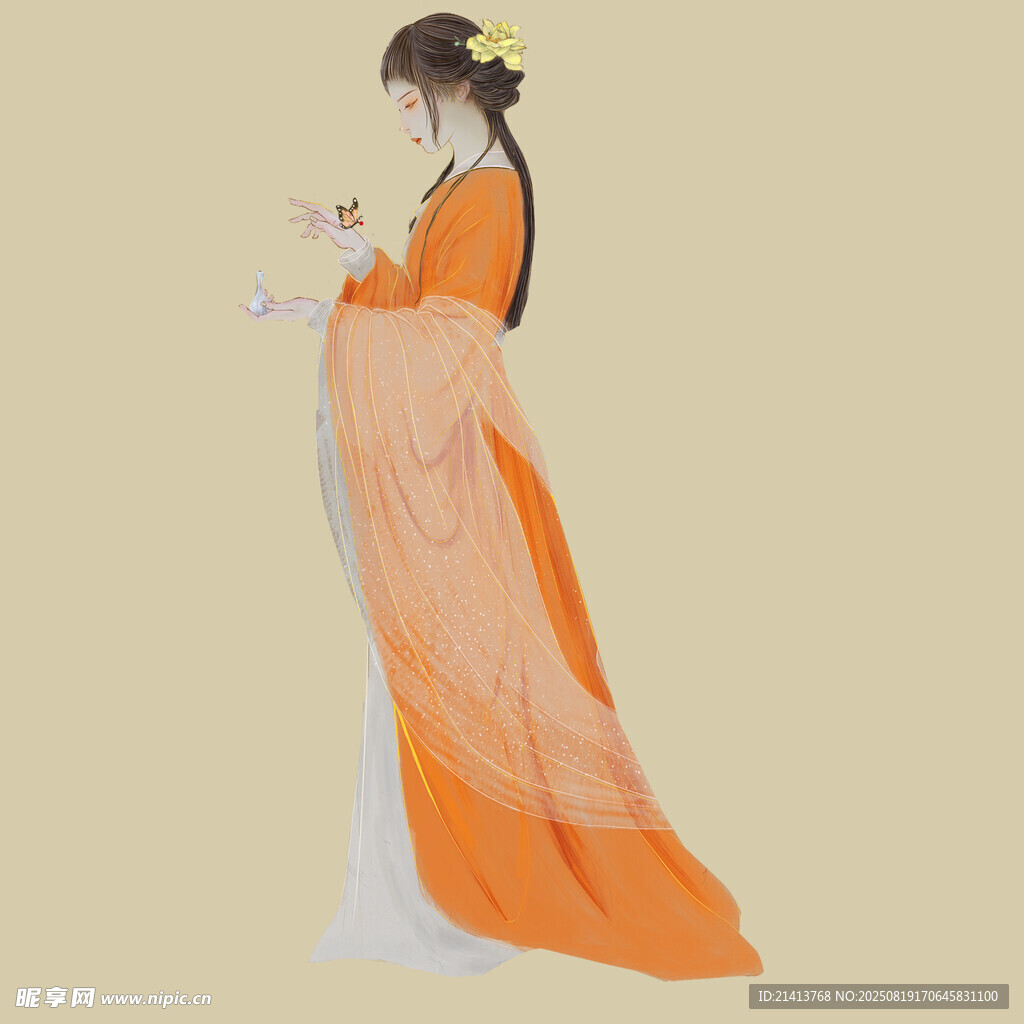 古风女子身着橙纱飘逸长裙