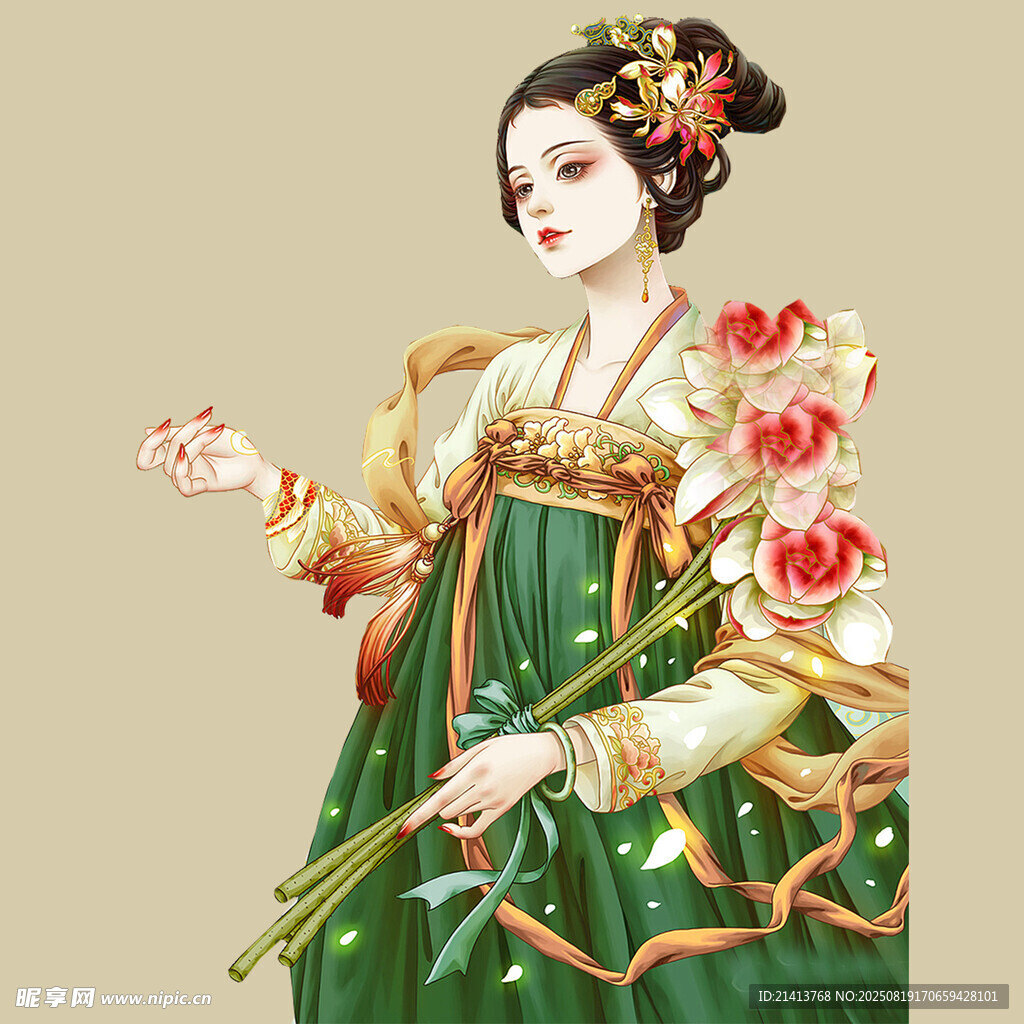 古风汉服女子手持花饰
