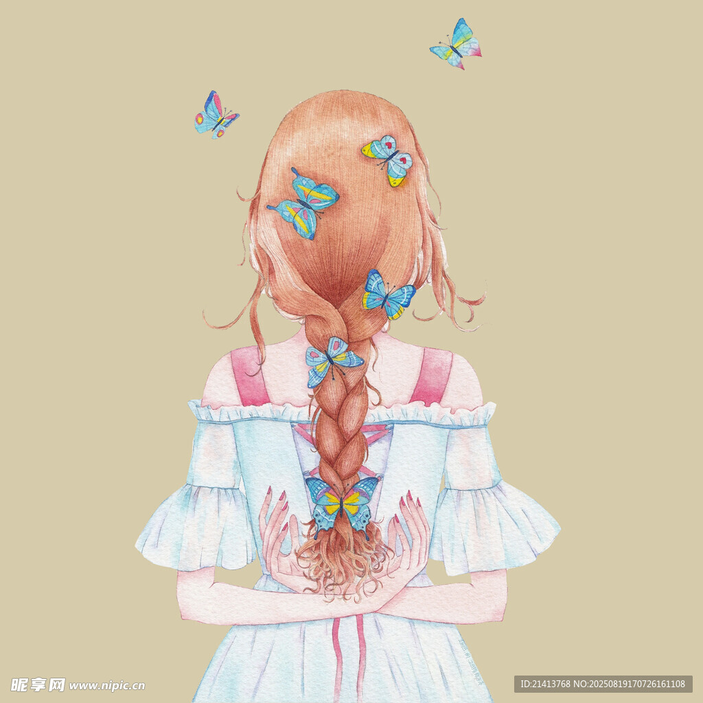 扎辫少女与蝴蝶的梦幻画面