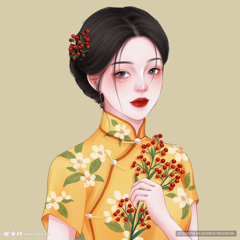 古典旗袍女子手持花束