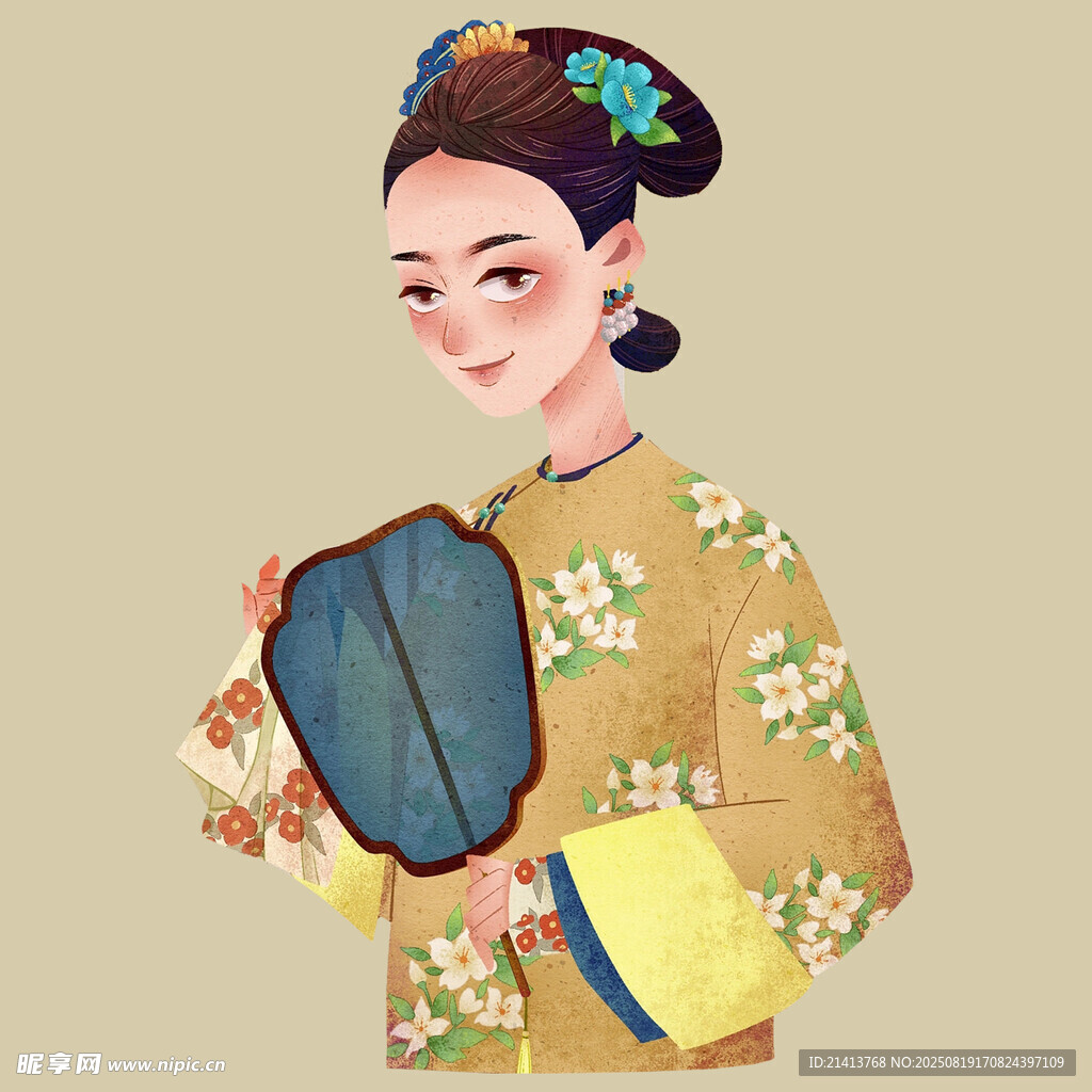 古典旗袍女子持扇图