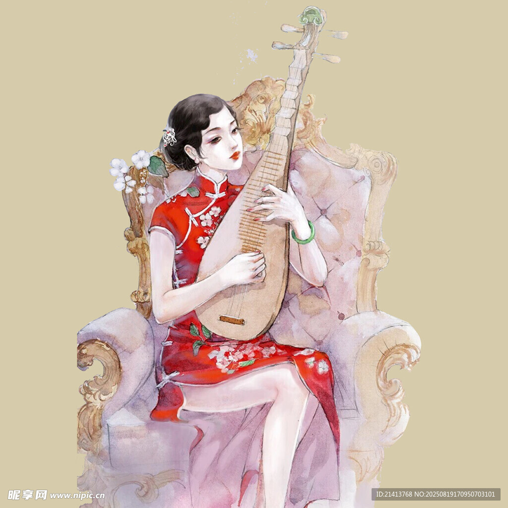 旗袍女子优雅弹奏琵琶