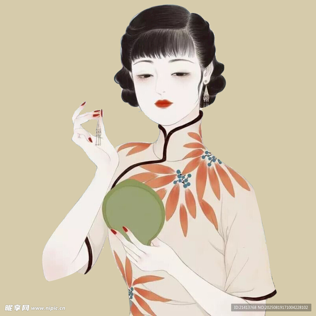 复古旗袍女子手持瓜果