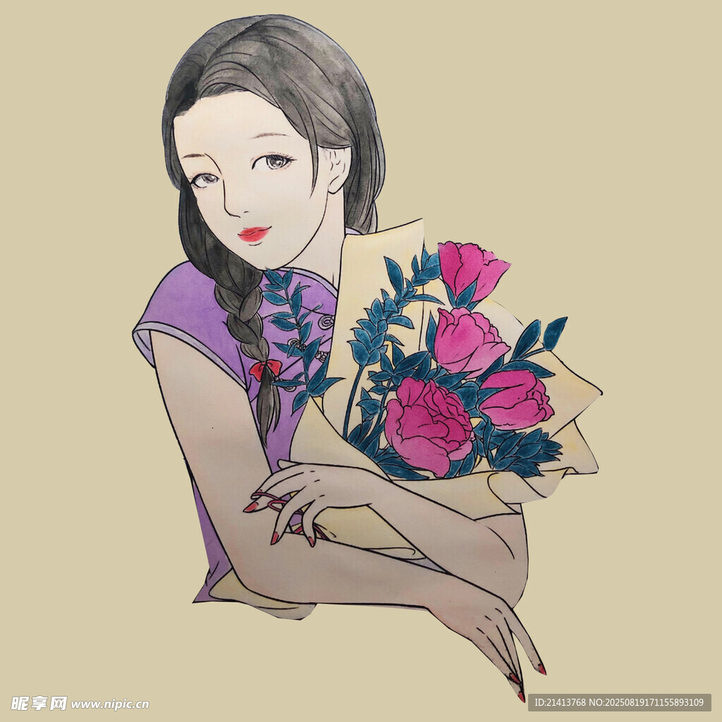 手持鲜花的优雅女子