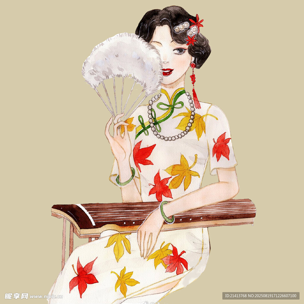 旗袍女子持扇抚琴图