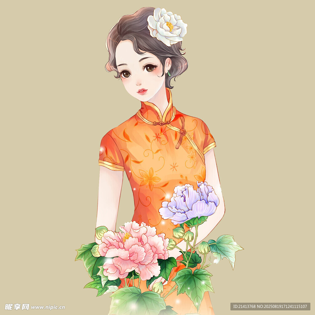 旗袍佳人手持娇艳花卉