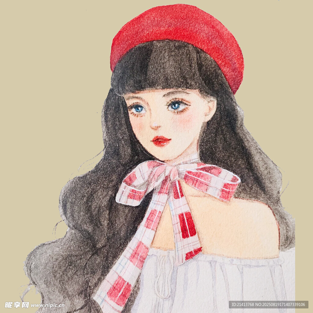戴红贝雷帽的优雅女孩