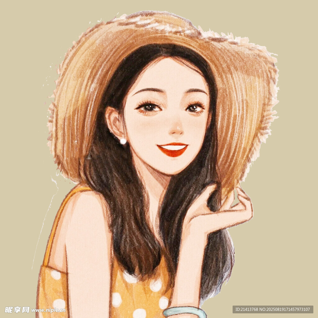 夏日戴草帽的甜美女孩