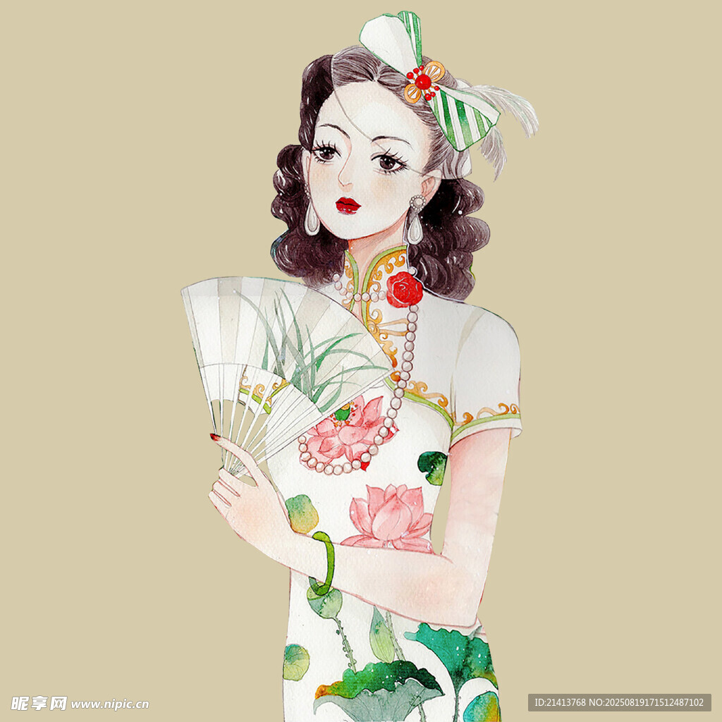 复古旗袍女子手持折扇