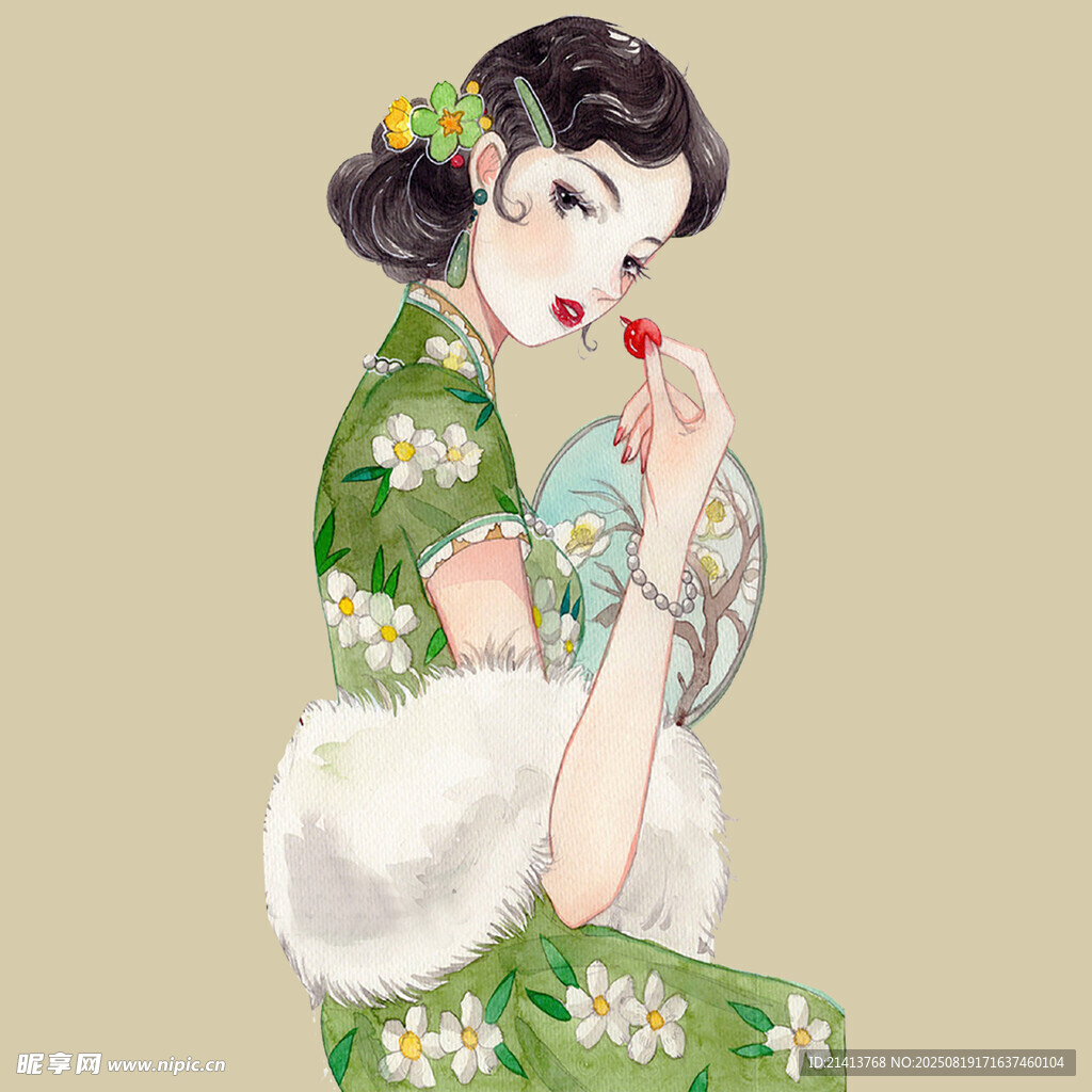 复古旗袍女子手持樱桃
