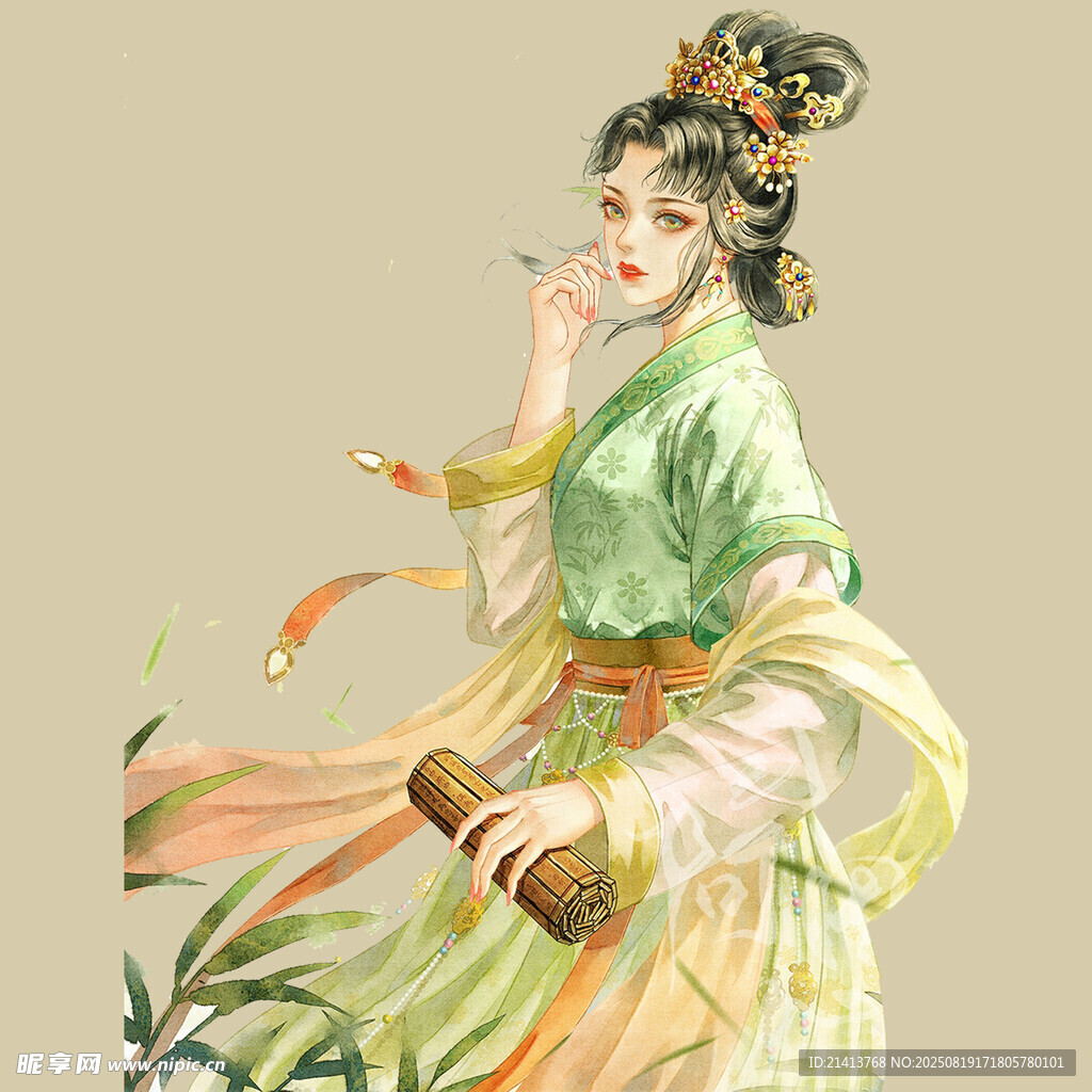 古风佳人执扇优雅而立