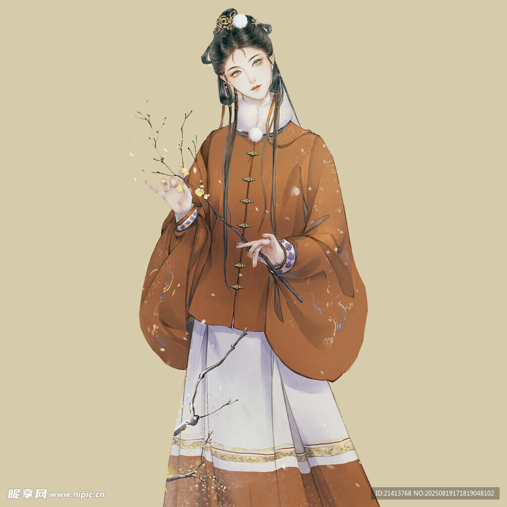 古风汉服女子手持花枝