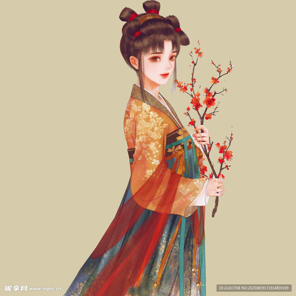古风汉服女子手持红梅