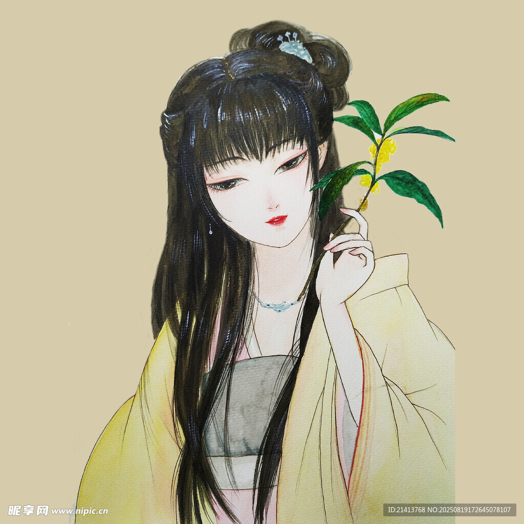 古风女子手持绿植赏景