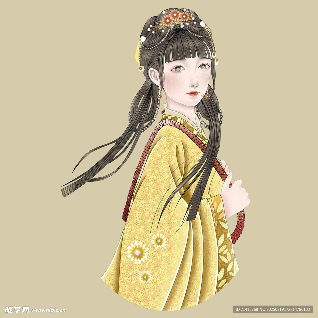 古风少女着黄衣优雅而立
