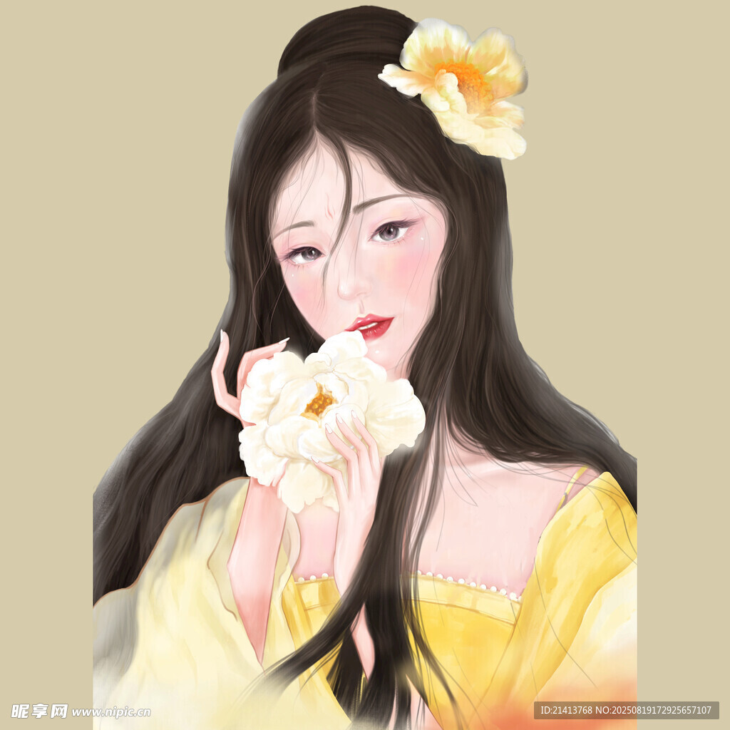 古风美人手持白花赏景
