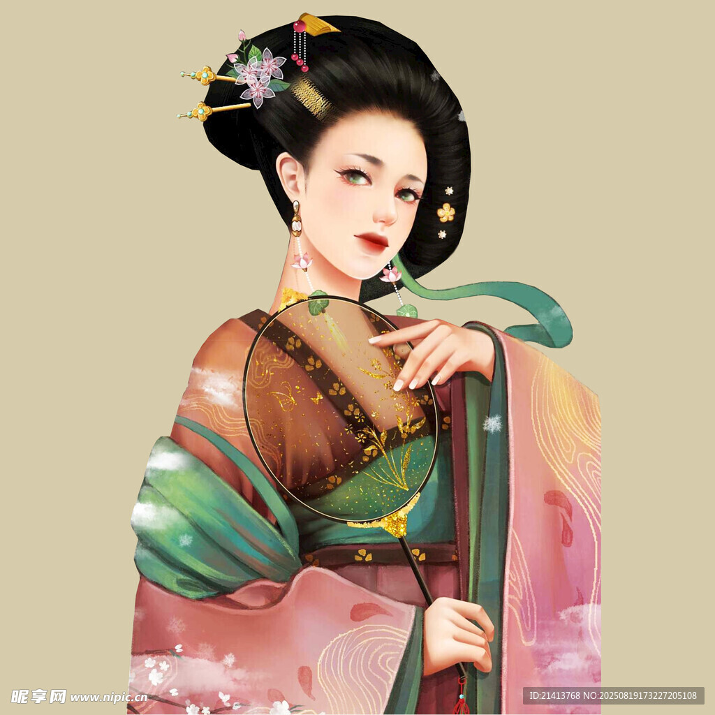 古风美人持扇优雅而立