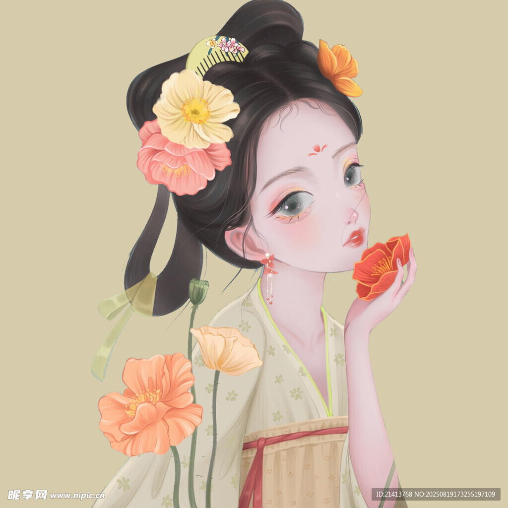 古风少女手持红果赏繁花