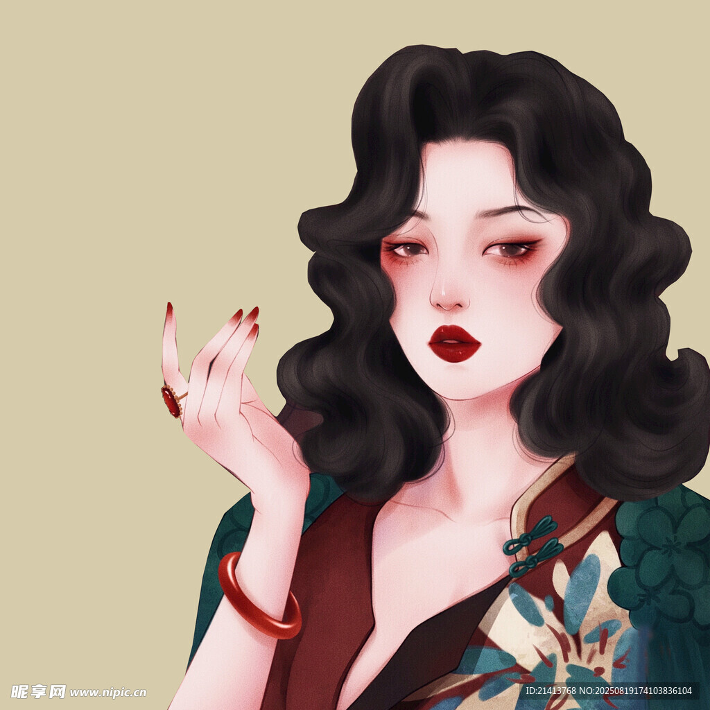 复古风卷发红唇女子形象