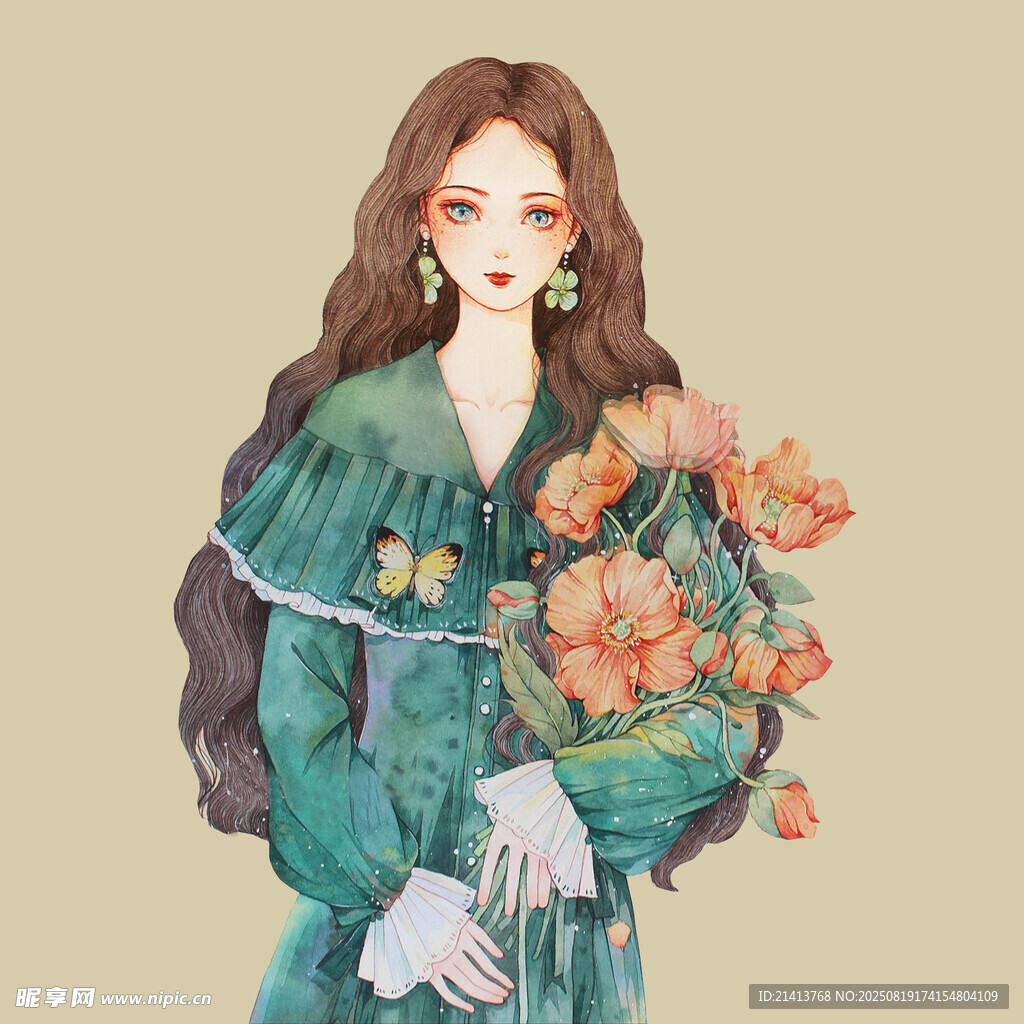 持花绿衣长发优雅女子