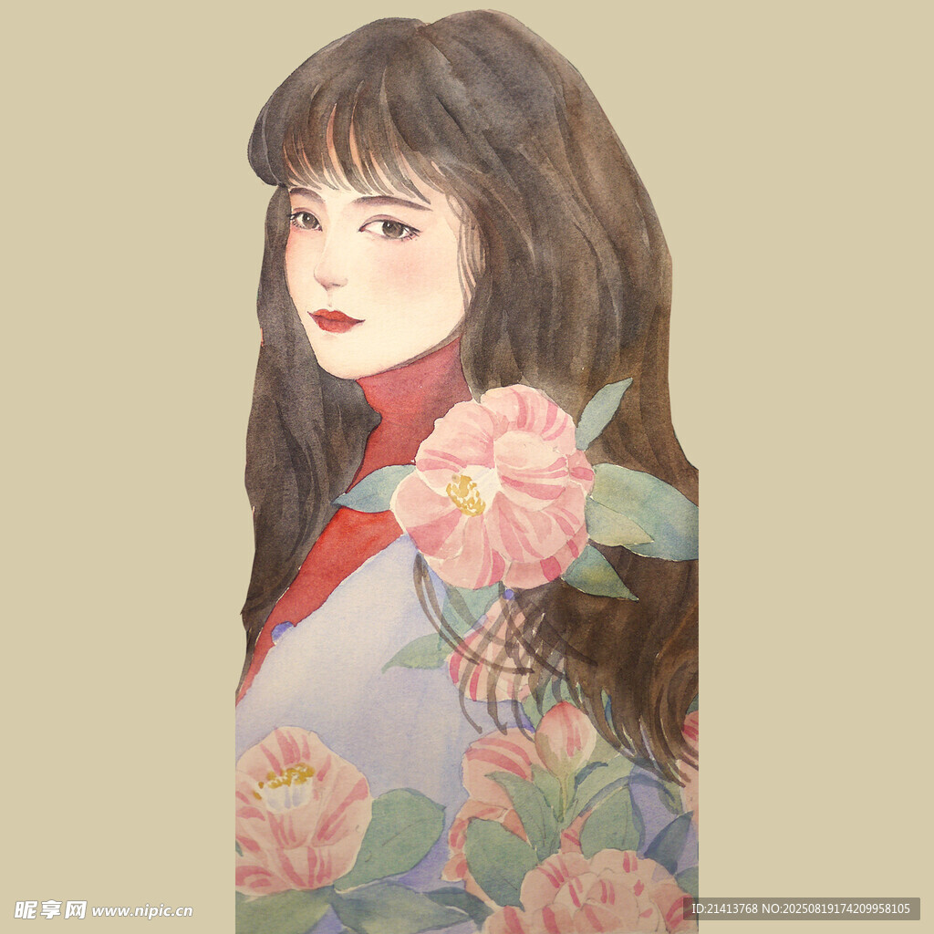 古风女子与花卉插画