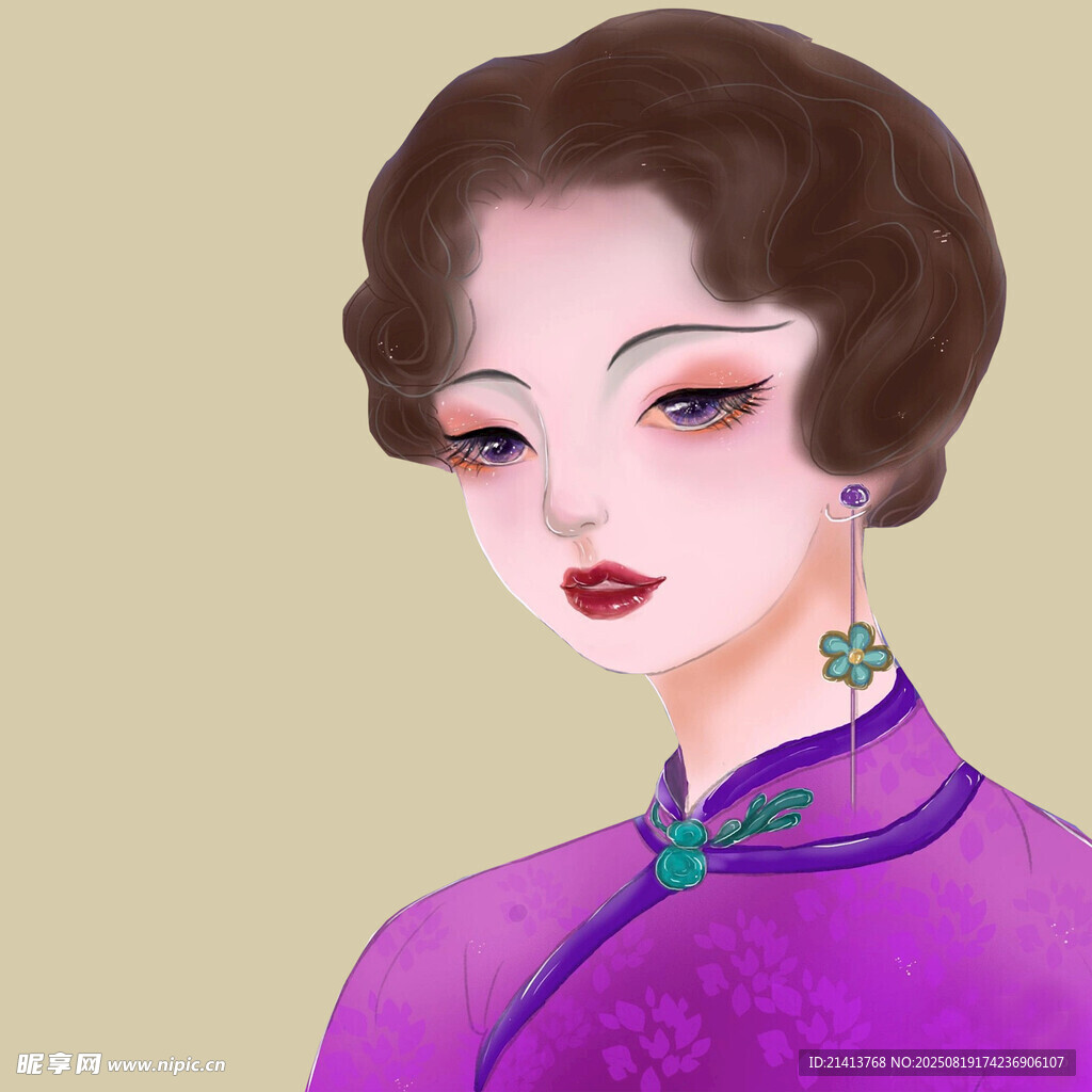 复古旗袍女子优雅侧颜