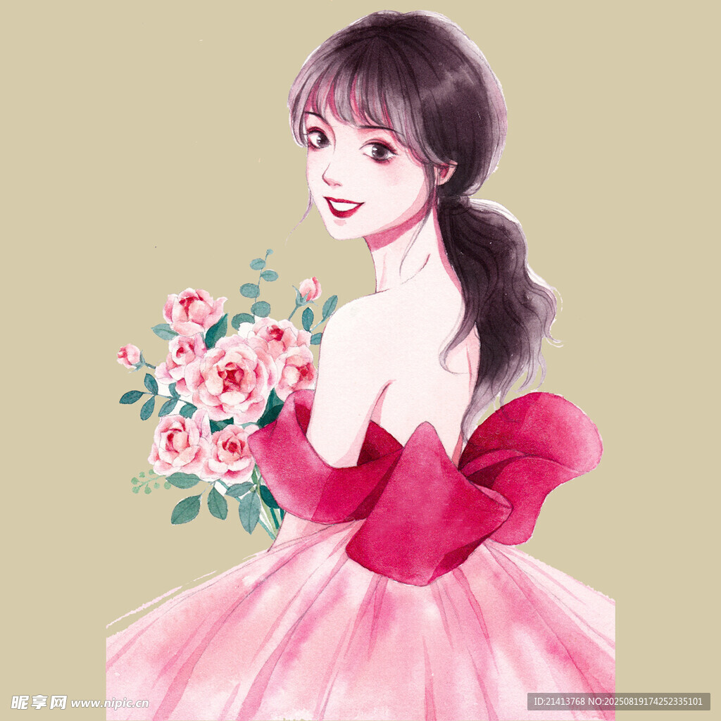 手持花束的优雅粉裙少女