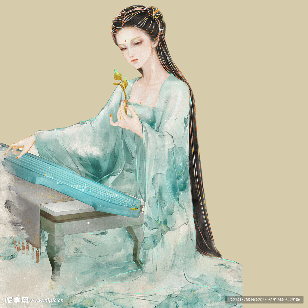 古风女子优雅抚琴赏菊